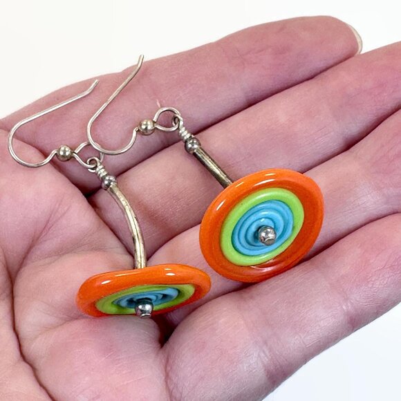 Art Glass Earrings, Lamp Work, Saucer Beads, Boho, Silver, Dangle, Pierced - Picture 2 of 3